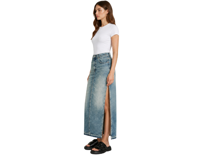Custom Women’s Side-Slit Denim Maxi Skirt Blue B2B