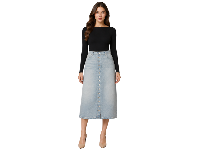 B2B Button-Front Denim Midi Skirt Women’s Light Blue Custom front design preview