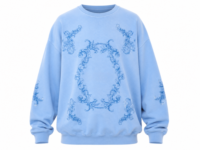 Oversized Sweatshirt Washed Light Blue Ornate Puff Screen Print | B2B Low MOQ