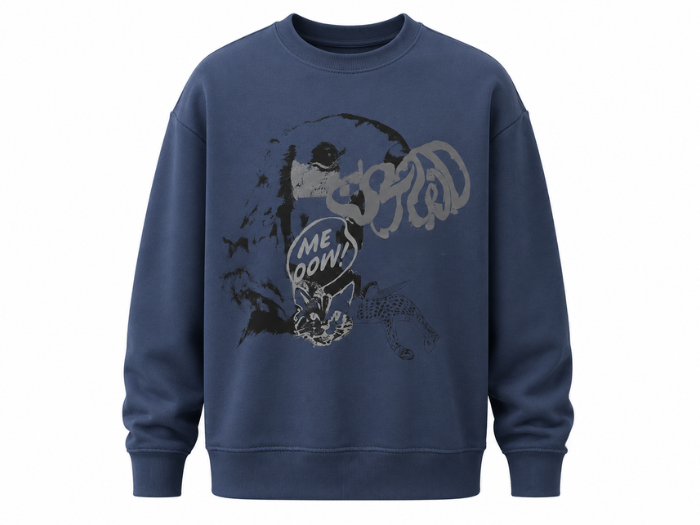Oversized Crewneck Sweatshirt Blue Abstract Cat Screen Print | B2B Low MOQ front design preview
