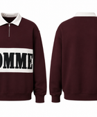 Quarter Zip Sweatshirt Burgundy Contrast Chest Band Embroidery | B2B Low MOQ