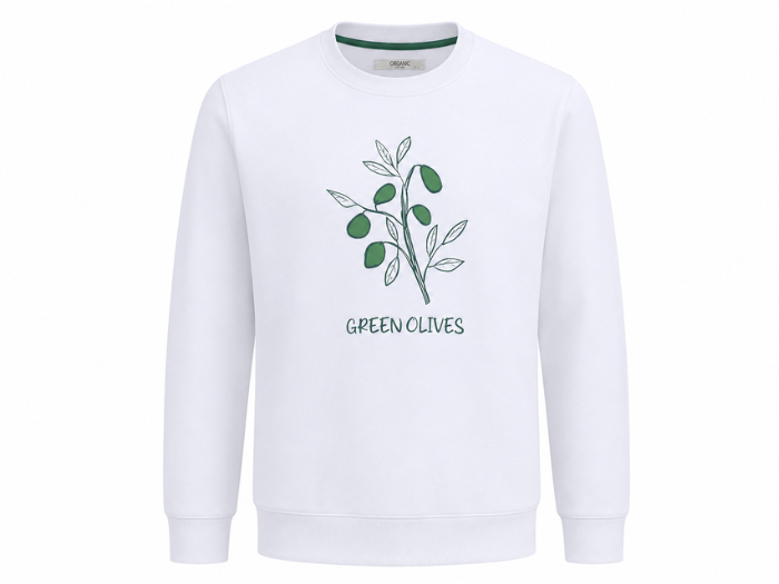 Crewneck Sweatshirt White Olive Branch Front Graphic | B2B Low MOQ