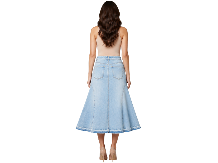 B2B High-Waisted Light Wash Flared Denim Midi Skirt
