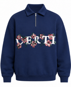 Quarter Zip Sweatshirt Navy Floral Letter Embroidery | B2B Low MOQ