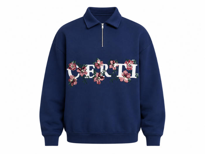 Quarter Zip Sweatshirt Navy Floral Letter Embroidery | B2B Low MOQ