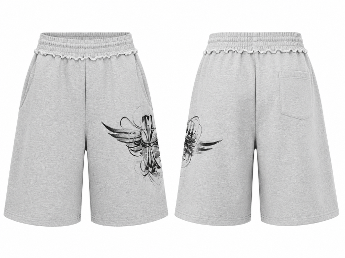 Baggy Track Sweat Shorts Light Grey Wing Graphic Screen Printing | B2B Low MOQ
