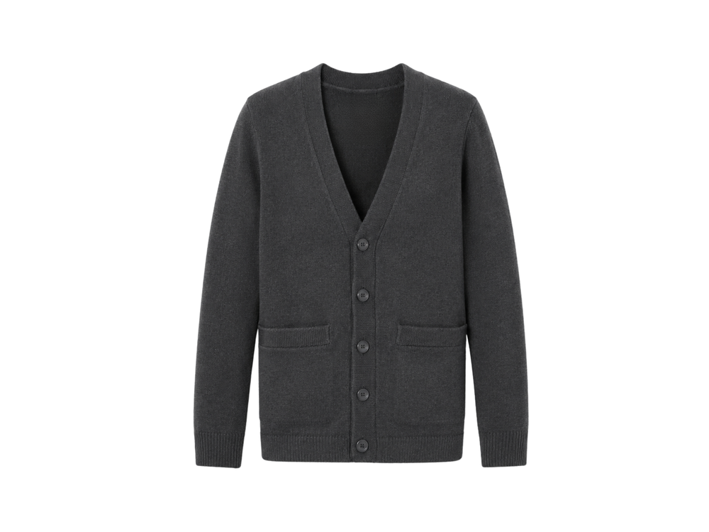 School V-Neck Sweater Cardigan Charcoal Grey | B2B Low MOQ Wholesale Manufacturer front design preview