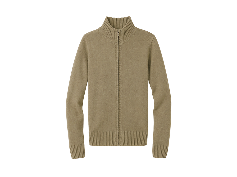 School Mock Neck Zip Front Sweater Khaki Beige | B2B Low MOQ Wholesale front design preview