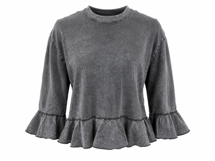 Women’s Acid Wash Ruffle Hem Crop Shirt B2B Acid Wash Manufacturer