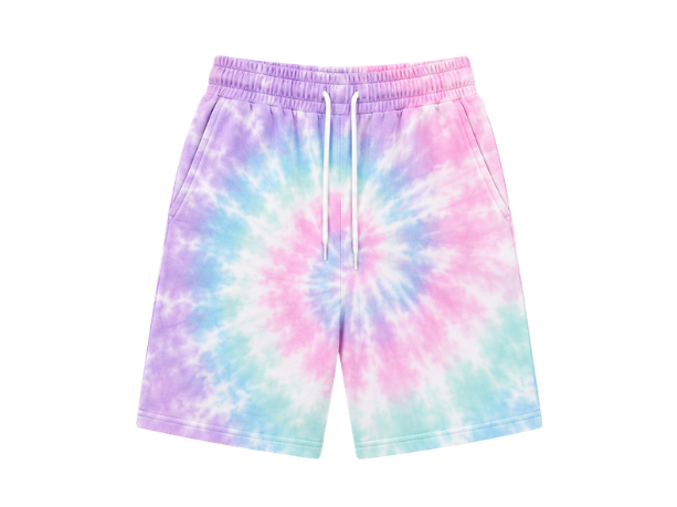 Tie Dye Drawstring Shorts Pastel Lavender Pink Aqua and White Spiral Design | B2B Low MOQ