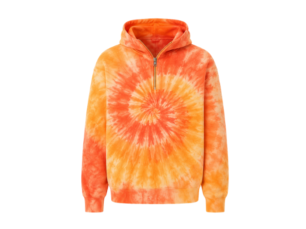 Tie Dye Half Zip Hoodie Orange Yellow and White Spiral Design | B2B Low MOQ
