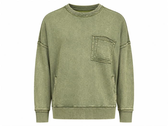 Custom Sweatshirt Olive Acid Wash Chest Pocket B2B Winter