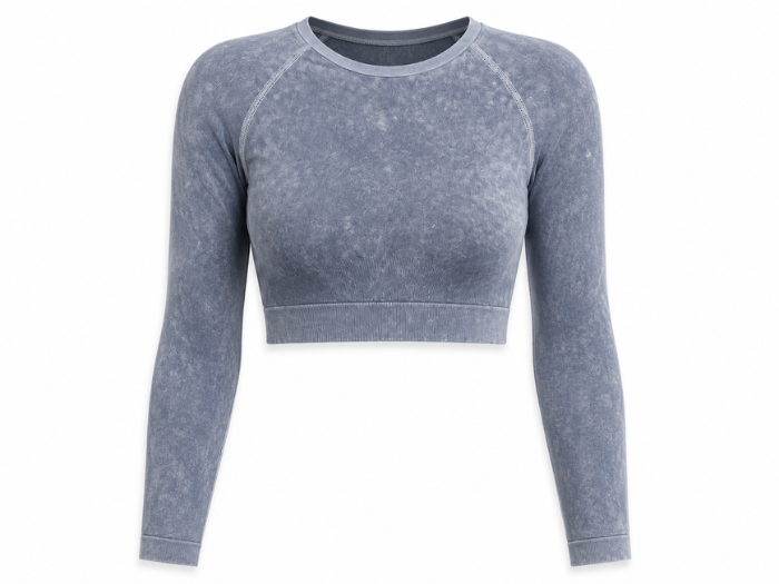 B2B Crop Top Blue Acid Wash Long Sleeve B2B Low MOQ Manufacturer