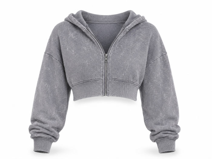 B2B Cropped Zip Hoodie Women’s Grey Acid Wash Low MOQ Manufacturer