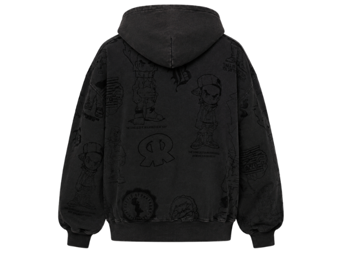 B2B Pullover Hoodie Black Tonal Graphic Acid Wash Low MOQ Manufacturer