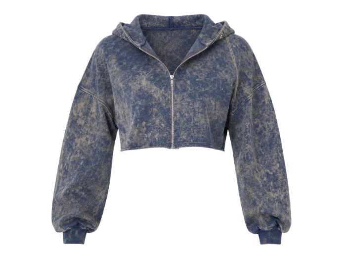 Custom Cropped Zip Hoodie Blue Grey Acid Wash B2B Low MOQ Manufacturer front design preview