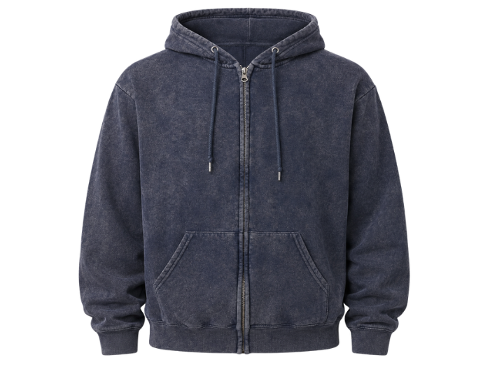 Custom Zip Hoodie Navy Acid Wash B2B Low MOQ Manufacturer