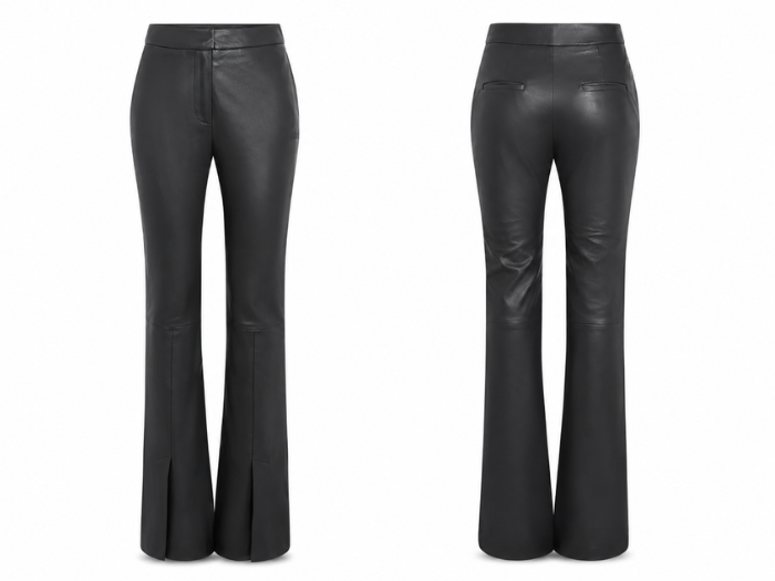 Women’s PU Leather Flared Pants Black with Front Hem Slits | B2B Low MOQ front design preview