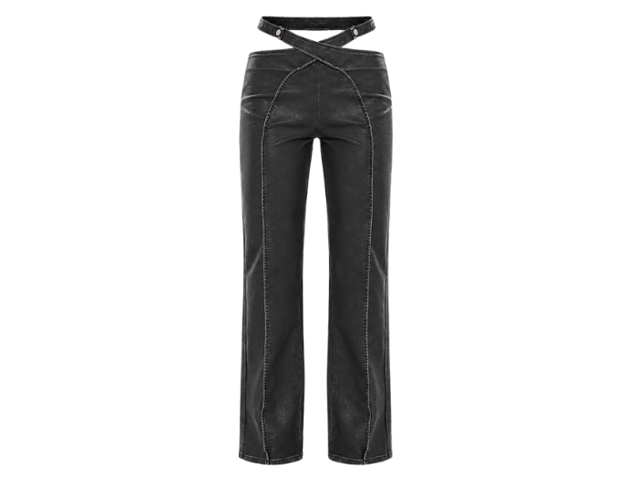 Women’s Faux Leather Cut Out Waist Pants Black with Pintuck Seams | B2B Low MOQ front design preview