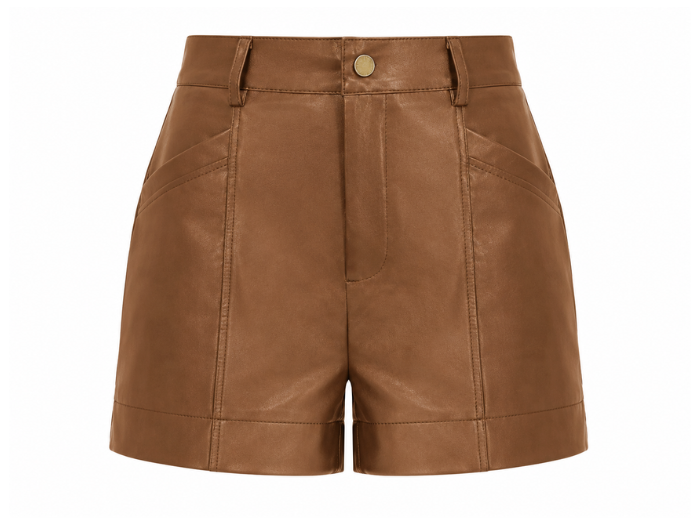 Women’s Faux Leather Tailored Shorts Brown | B2B Low MOQ front design preview