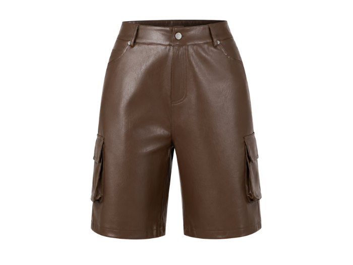 Women’s Faux Leather Cargo Bermuda Shorts Brown | B2B Low MOQ front design preview