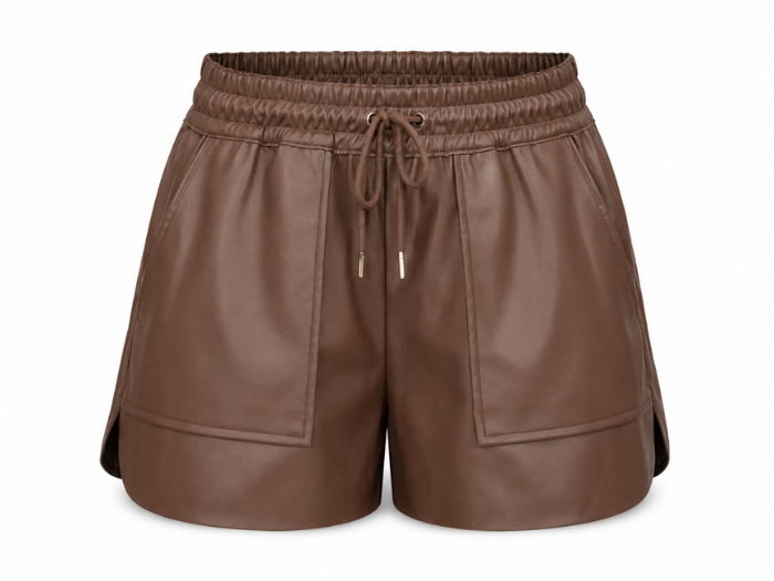 Women’s Leather Drawstring Shorts Brown with Patch Pockets | B2B Low MOQ