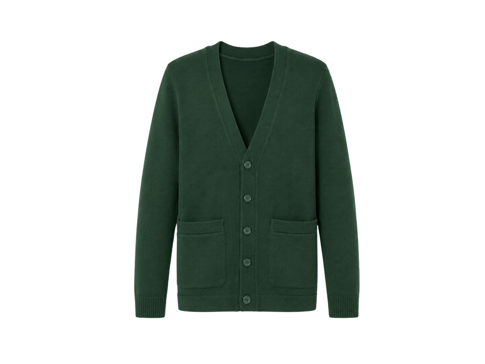 School V-Neck Sweater Cardigan Forest Green | B2B Low MOQ Wholesale Manufacturer front design preview