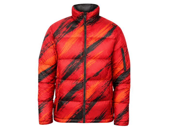Diagonal Brushstroke-Print Sublimated Puffer Jacket – Red, Orange and Black | B2B Low MOQ front design preview