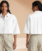 Wholesale Custom White Cropped Denim Shirt Manufacturer Private Label Half Sleeve Jean Top