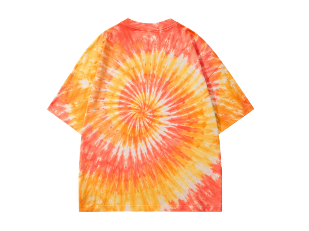 Tie Dye Drop Shoulder T Shirt Orange Yellow and Coral Spiral Design | B2B Low MOQ