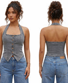 Wholesale Custom Grey Denim Halter Vest Manufacturer Private Label Backless Crop Top