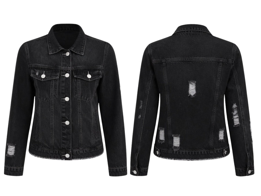 Wholesale Custom Black Cropped Denim Jacket Manufacturer Private Label Distressed Jean Jacket design preview