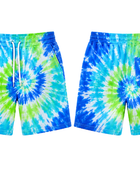 Tie Dye Drawstring Shorts Blue Aqua Green and White Spiral Design | B2B Low MOQ