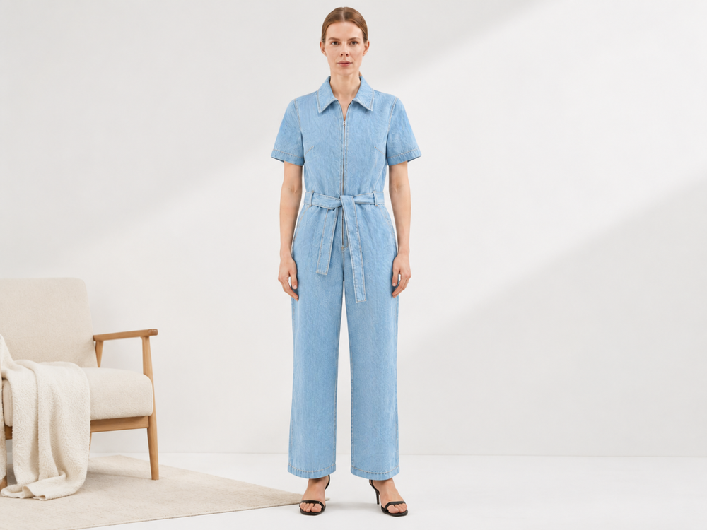 Wholesale Custom Light Blue Denim Jumpsuit Manufacturer Private Label Zip Front Coverall front design preview