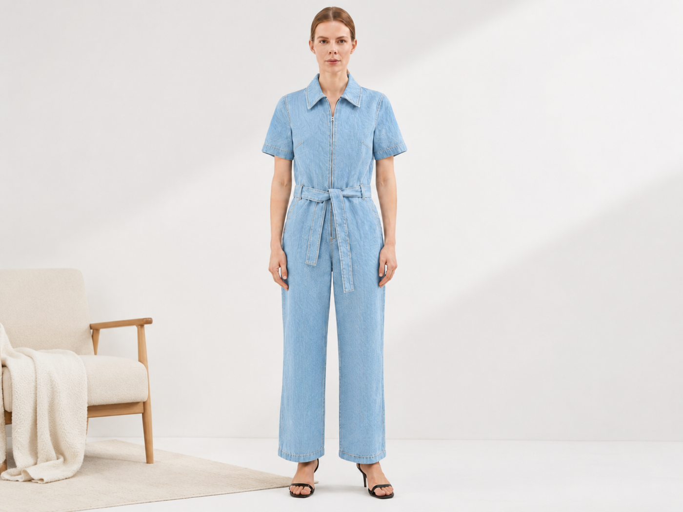 Wholesale Custom Light Blue Denim Jumpsuit Manufacturer Private Label Zip Front Coverall