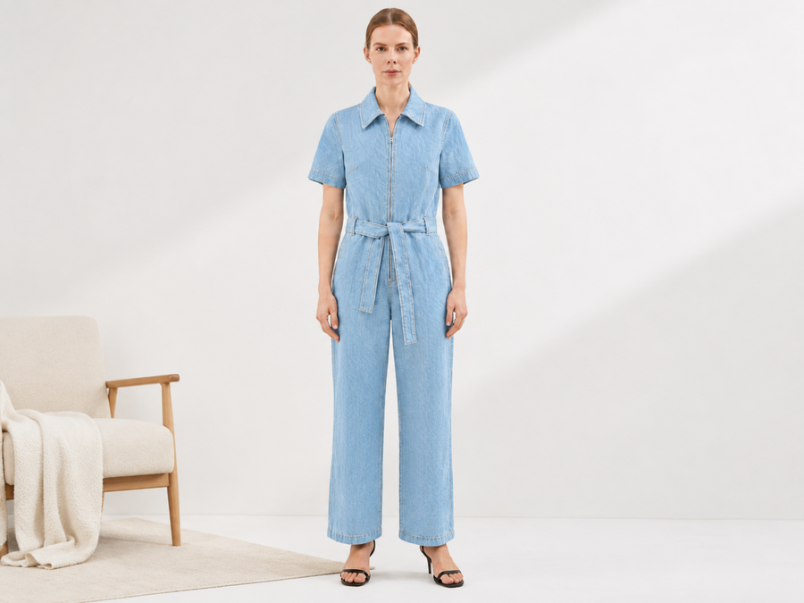 Wholesale Custom Light Blue Denim Jumpsuit Manufacturer Private Label Zip Front Coverall design preview
