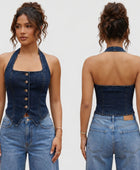 Wholesale Custom Dark Blue Denim Halter Vest Manufacturer Private Label Crop Top