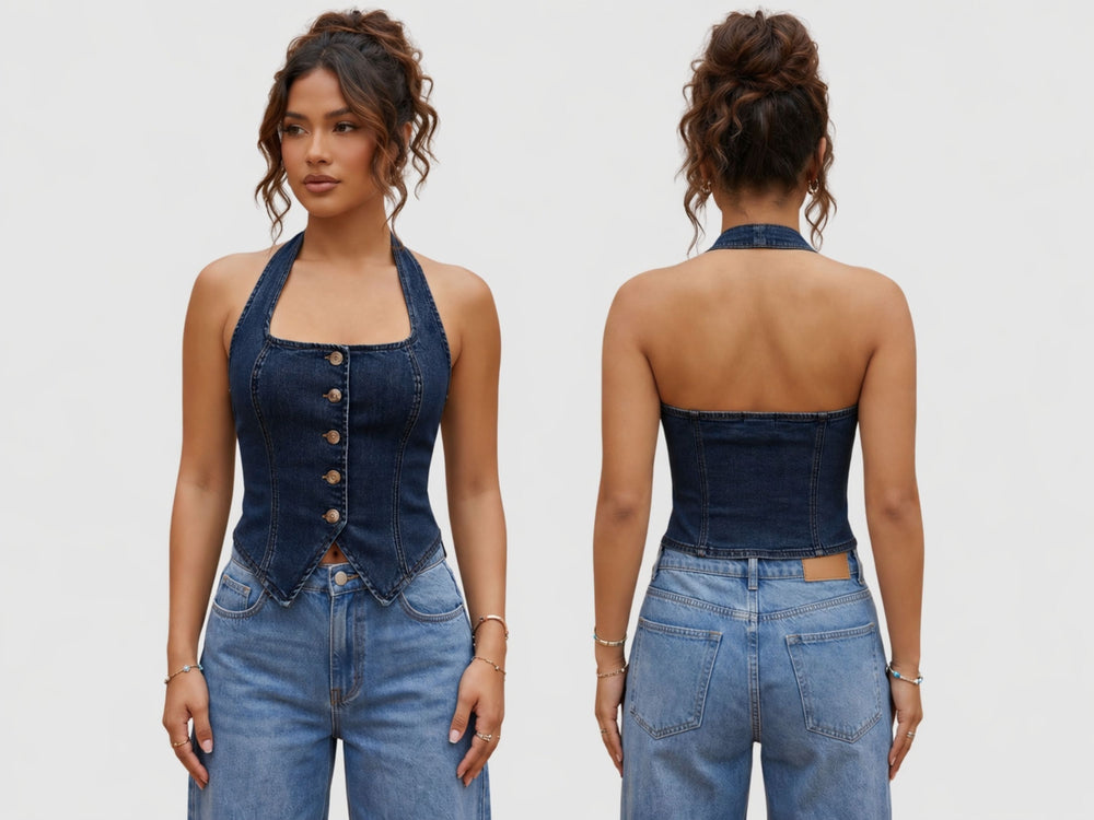 Wholesale Custom Dark Blue Denim Halter Top Manufacturer Private Label Crop Top front design preview
