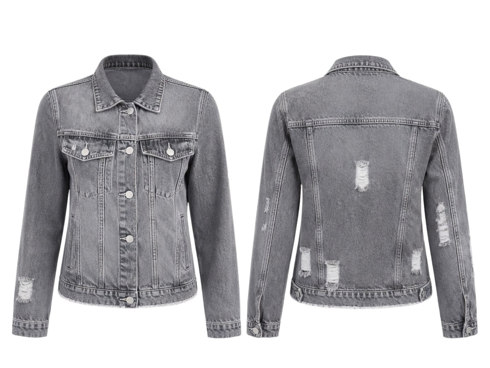 Wholesale Custom Grey Cropped Denim Jacket Manufacturer  Private Label Distressed Jean Jacket front design preview