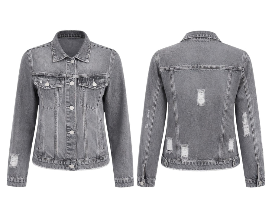 Wholesale Custom Grey Cropped Denim Jacket Manufacturer  Private Label Distressed Jean Jacket design preview