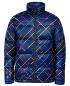 Diagonal Grid-Print Sublimated Puffer Jacket – Navy with Multicolour Lines | B2B Low MOQ