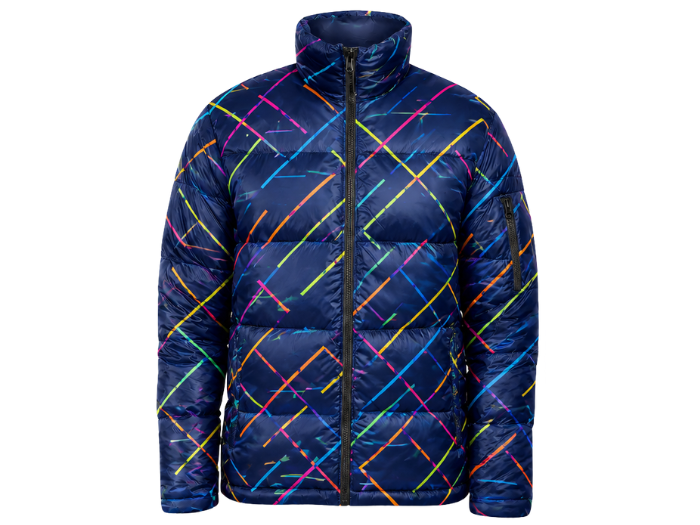 Diagonal Grid-Print Sublimated Puffer Jacket – Navy with Multicolour Lines | B2B Low MOQ