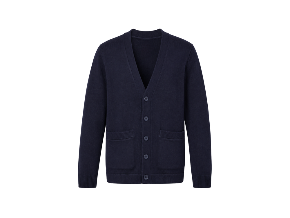 School V-Neck Sweater Cardigan Navy Blue | B2B Low MOQ Wholesale Manufacturer front design preview