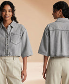 Wholesale Custom Grey Cropped Denim Shirt Manufacturer | Private Label Half Sleeve Jean TopWholesale Custom Grey Cropped Denim Shirt Manufacturer | Private Label Half Sleeve Jean Top