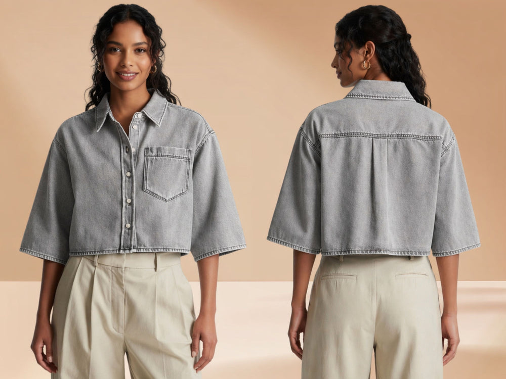 Wholesale Custom Grey Cropped Denim Shirt Manufacturer | Private Label Half Sleeve Jean Top front design preview