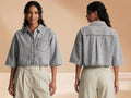Wholesale Custom Grey Cropped Denim Shirt Manufacturer | Private Label Half Sleeve Jean TopWholesale Custom Grey Cropped Denim Shirt Manufacturer | Private Label Half Sleeve Jean Top