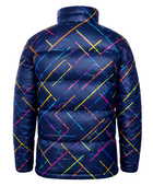 Diagonal Grid-Print Sublimated Puffer Jacket – Navy with Multicolour Lines | B2B Low MOQ