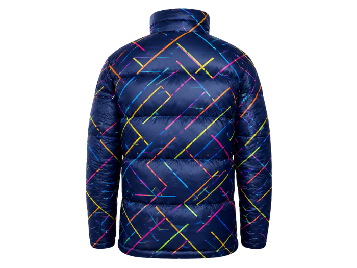 Diagonal Grid-Print Sublimated Puffer Jacket – Navy with Multicolour Lines | B2B Low MOQ