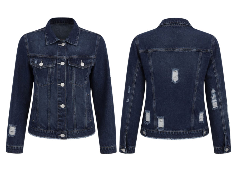 Wholesale Custom Dark Navy Cropped Denim Jacket Manufacturer Private Label Distressed Jean Jacket design preview