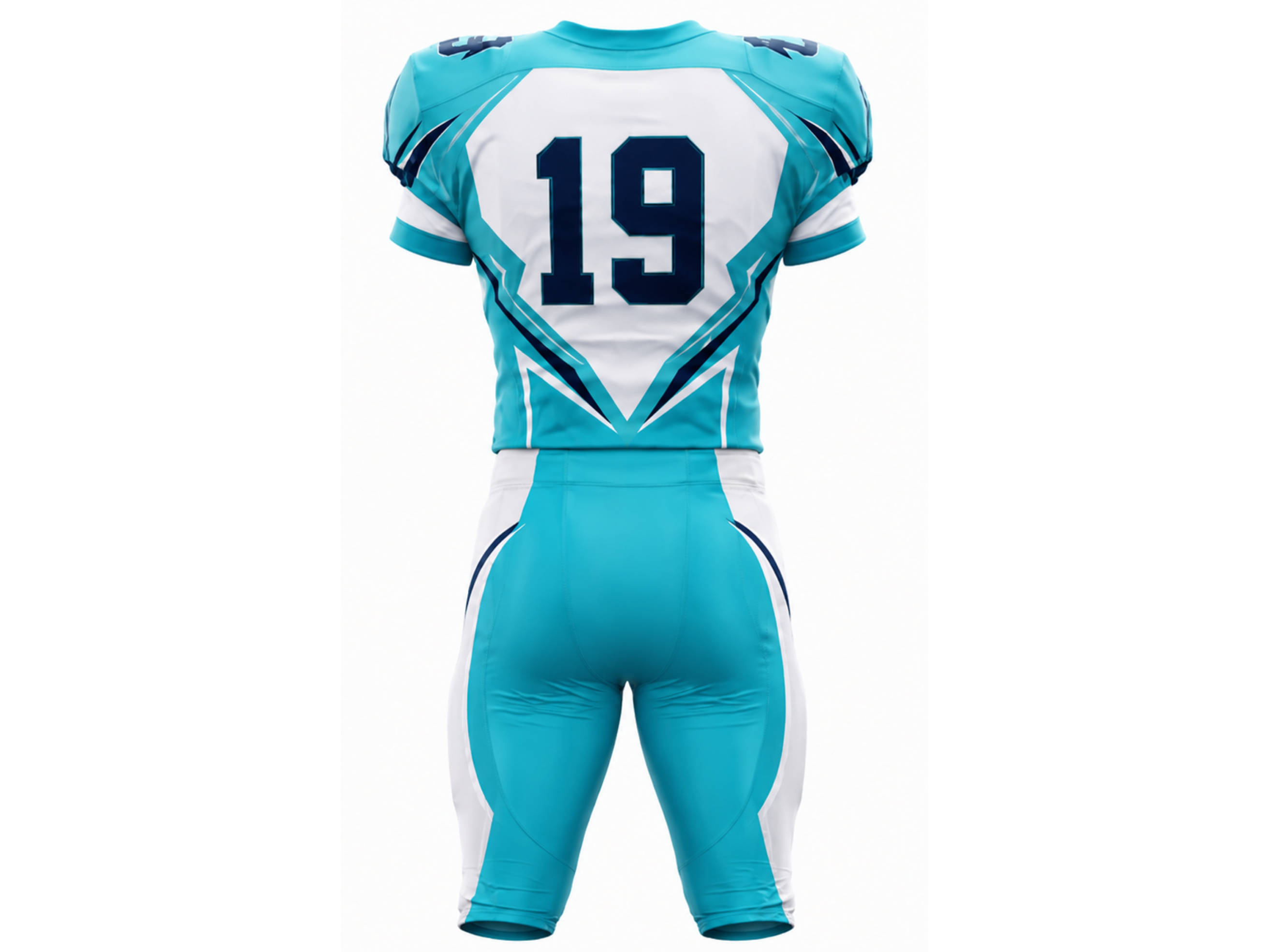 Wholesale Aqua and White American Football Uniform Set – Polyester Jersey & Pants